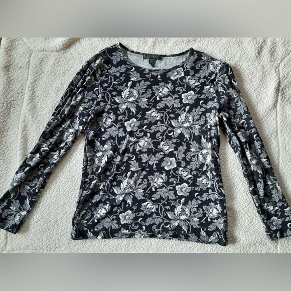 Ralph Lauren Tops - Ralph Lauren Floral Flower Black White Gray Cotton Knit Shirt 
Lg